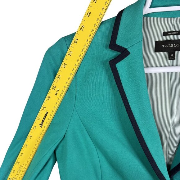 Talbots Aberdeen Womens 10 Teal Blazer Navy Trim Gold Crest Buttons Yacht Jacket - Picture 14 of 16